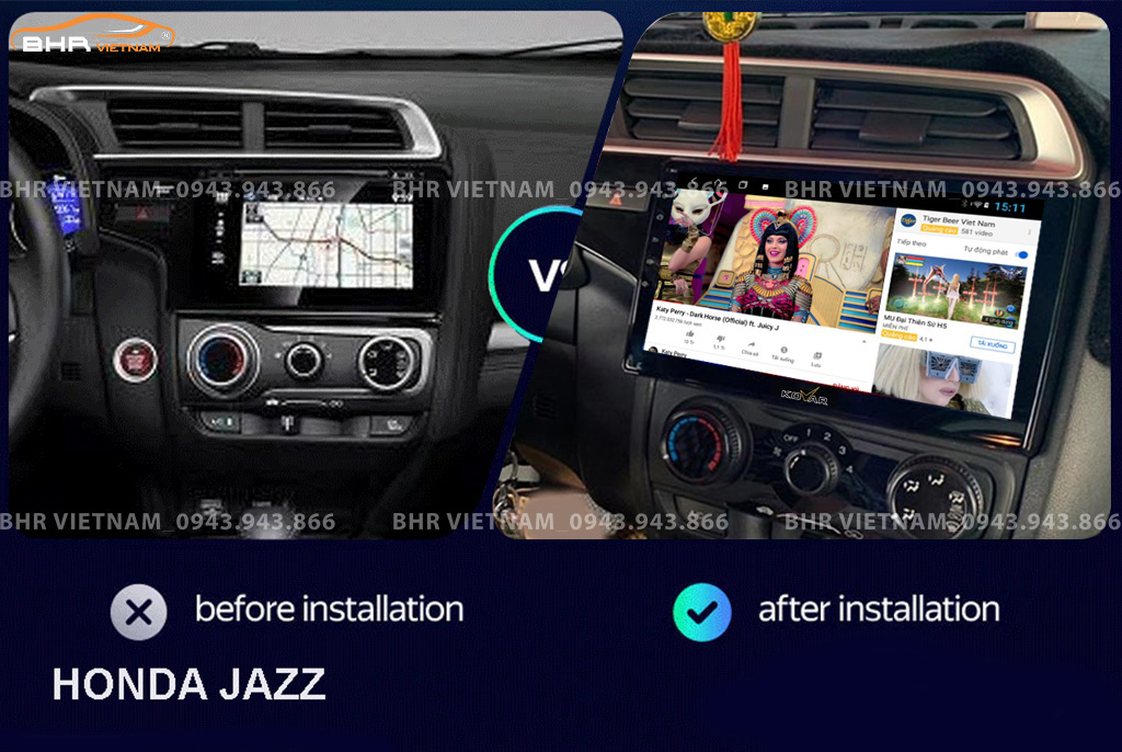 Hình ảnh trước và sau khi lắp màn hình DVD Kovar T1 Honda Jazz 2014 - nay