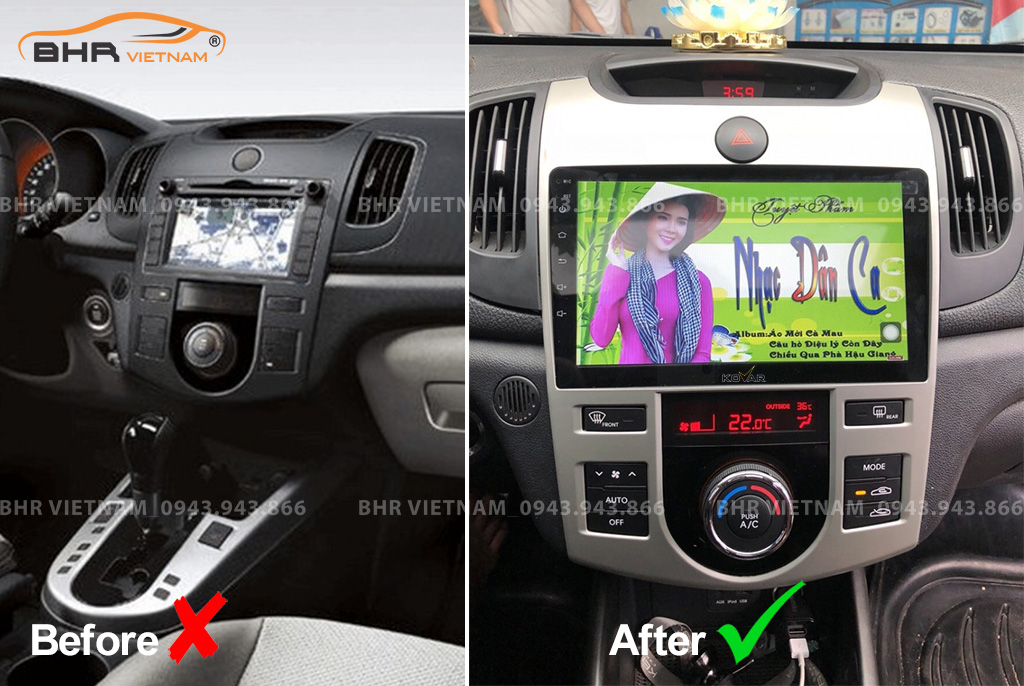 Hình ảnh trước và sau khi lắp màn hình DVD Kovar T1 Kia Forte 2008 - 2013
