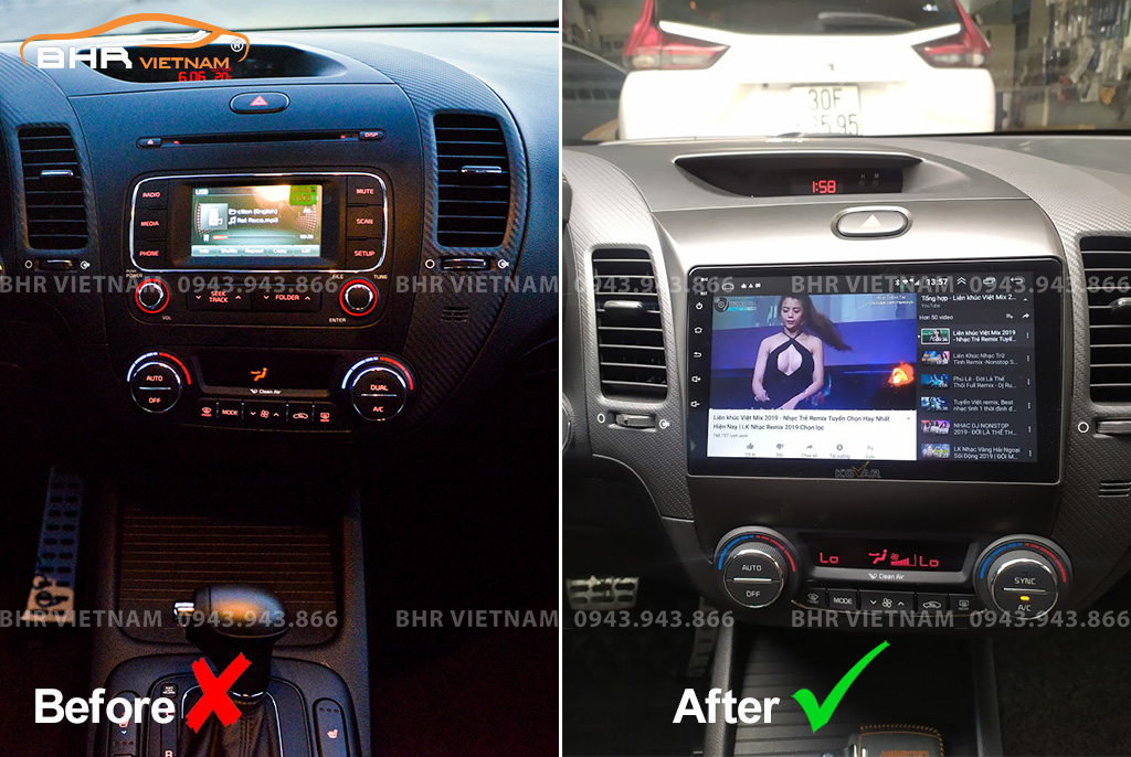 Hình ảnh trước và sau khi lắp màn hình DVD Kovar T1 Kia K3 2013 - 2016