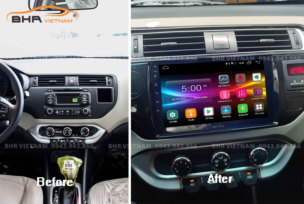 Hình ảnh trước và sau khi lắp màn hình DVD Kovar T1 Kia Rio 2012 - nay