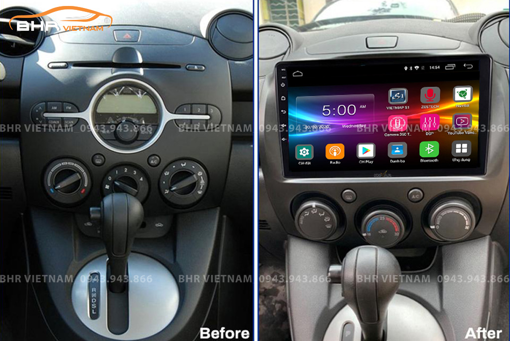 Hình ảnh trước và sau khi lắp màn hình DVD Kovar T1 Mazda 2 2007 - 2014