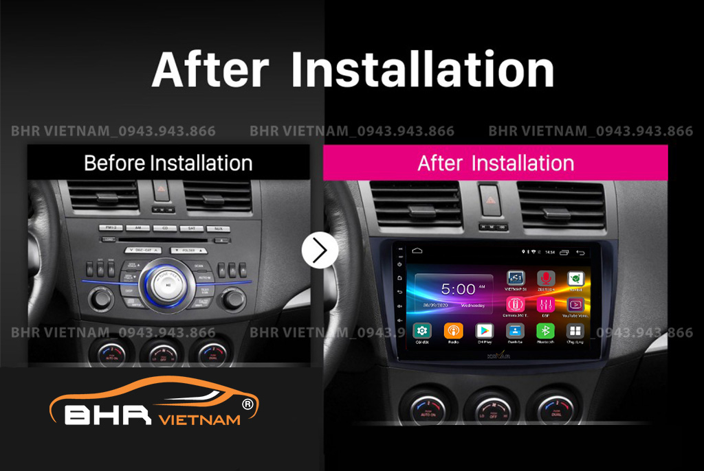 Hình ảnh trước và sau khi lắp màn hình DVD Kovar T1 Mazda 3 2009 - 2013