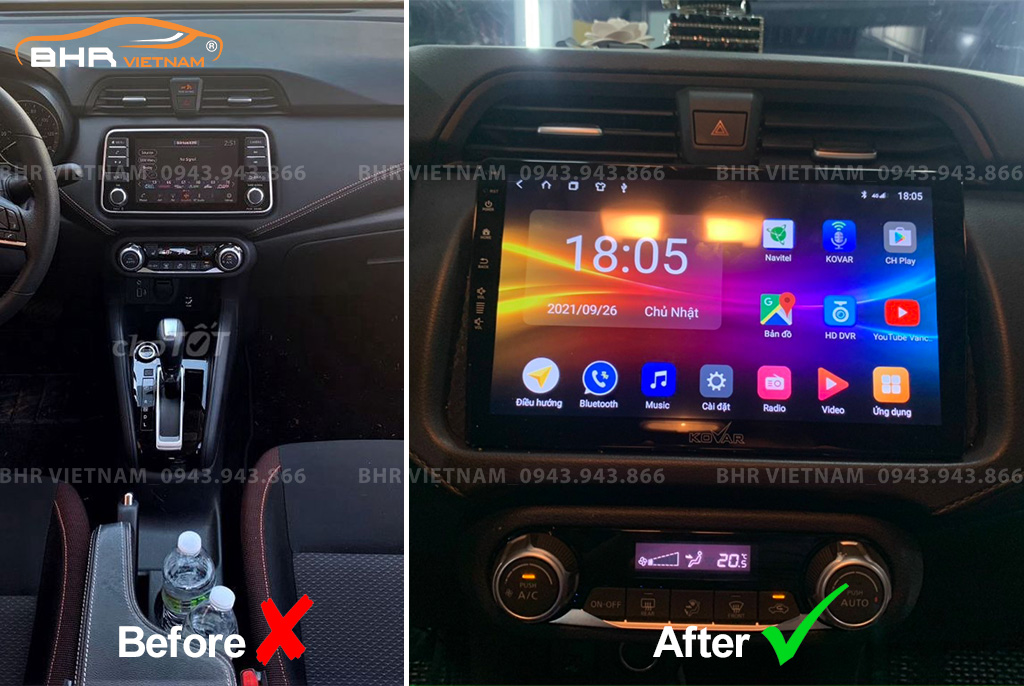 Hình ảnh trước và sau khi lắp màn hình DVD Kovar T1 Nissan Almera 2021