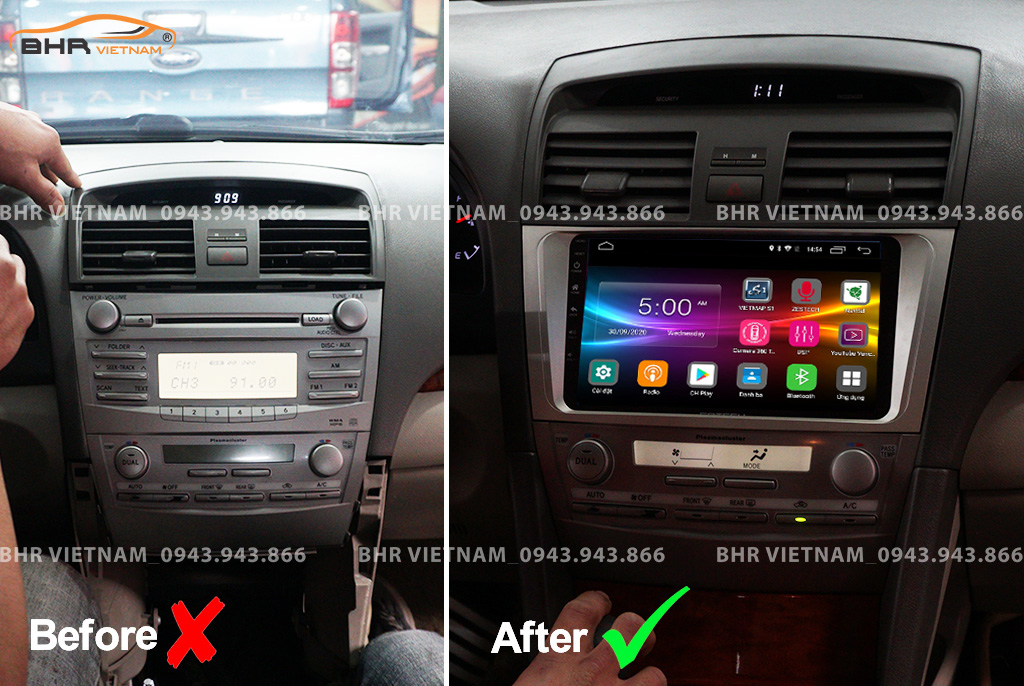 Hình ảnh trước và sau khi lắp màn hình DVD Kovar T2 Toyota Camry 2007 - 2011