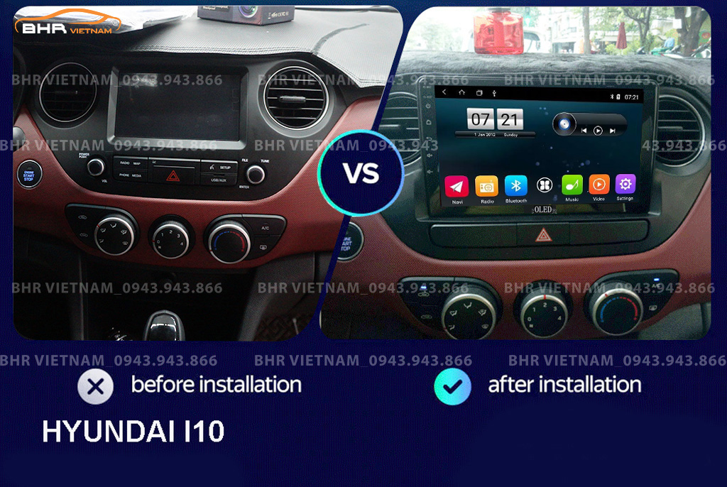 Hình ảnh trước và sau khi lắp màn hình DVD Oled C2 New Hyundai i10 2014 - 2020