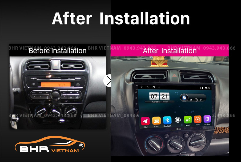Hình ảnh trước và sau khi lắp màn hình DVD Oled C2 New Mitsubishi Mirage 2013 - 2020