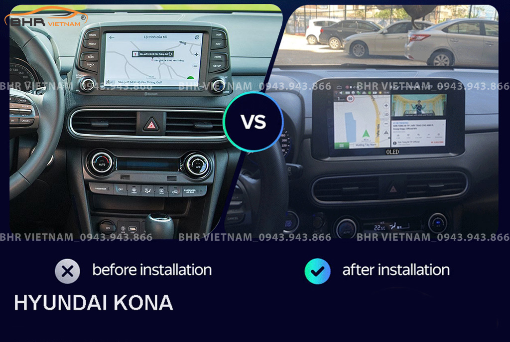 Hình ảnh trước và sau khi lắp màn hình DVD Oled C8S Hyundai Kona 2018 - nay