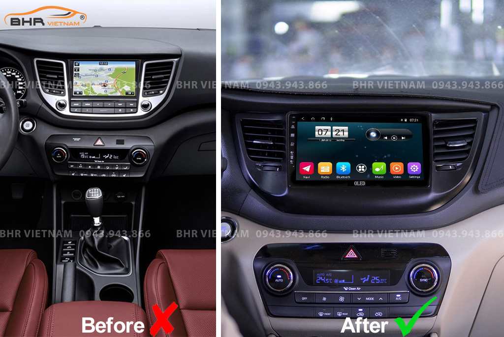 Hình ảnh trước và sau khi lắp màn hình DVD Oled C8S Hyundai Tucson 2015 - 2018