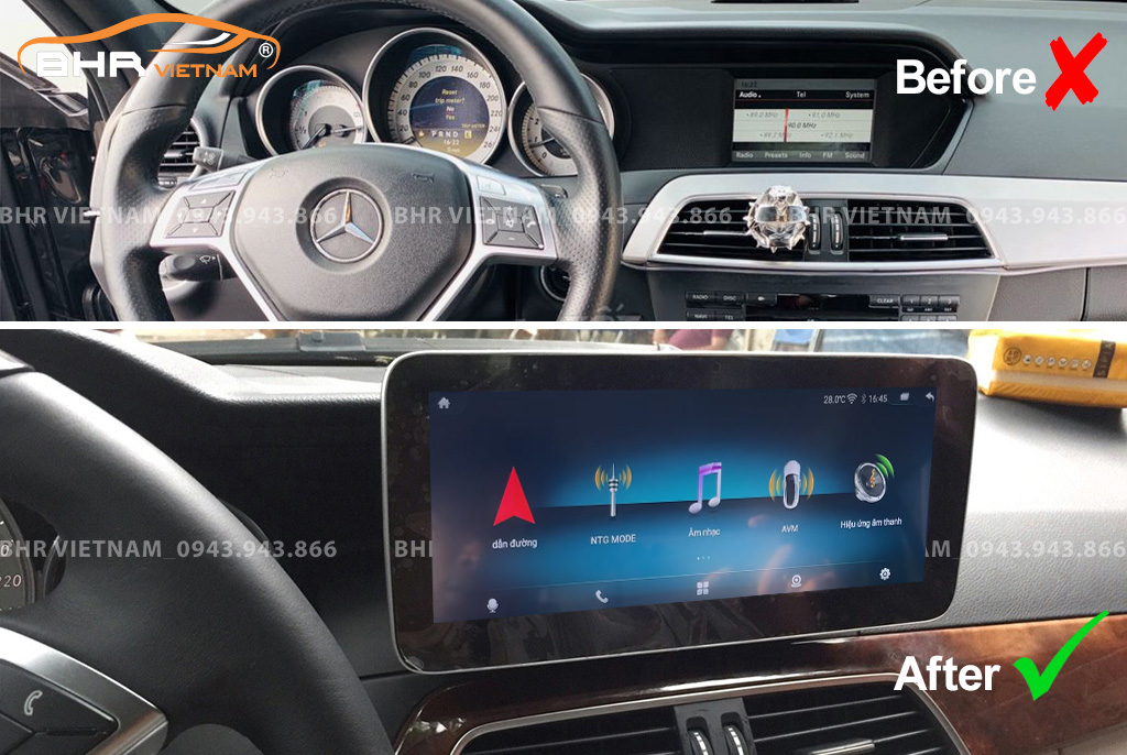 Hình ảnh trước và sau khi lắp màn hình DVD Oled Pro G68s Mercedes C Class 2011 - 2014