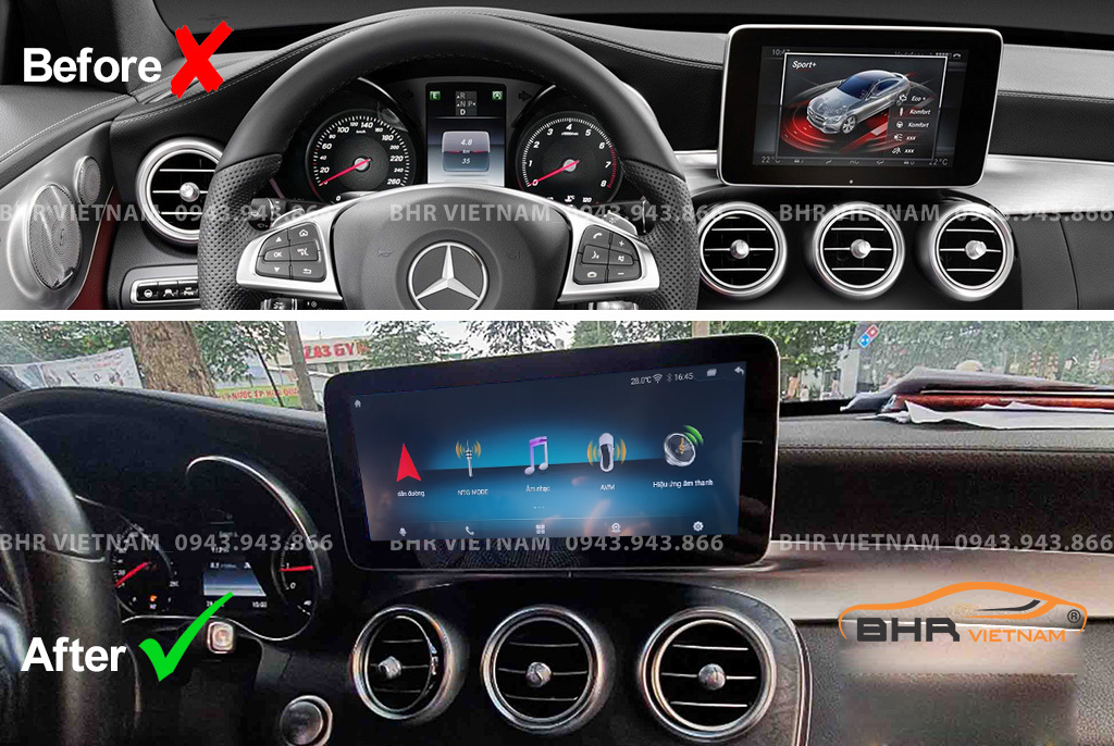 Hình ảnh trước và sau khi lắp màn hình DVD Oled Pro G68s Mercedes C Class 2015 - nay