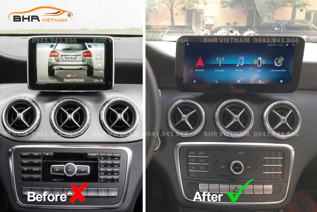 Hình ảnh trước và sau khi lắp màn hình DVD Oled Pro G68s Mercedes CLA Class C117 2013 - nay