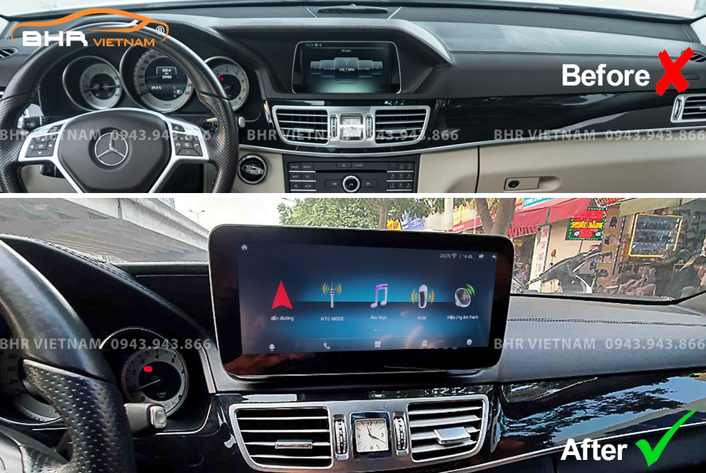 Hình ảnh trước và sau khi lắp màn hình DVD Oled Pro G68s Mercedes E Class 2013 - 2016