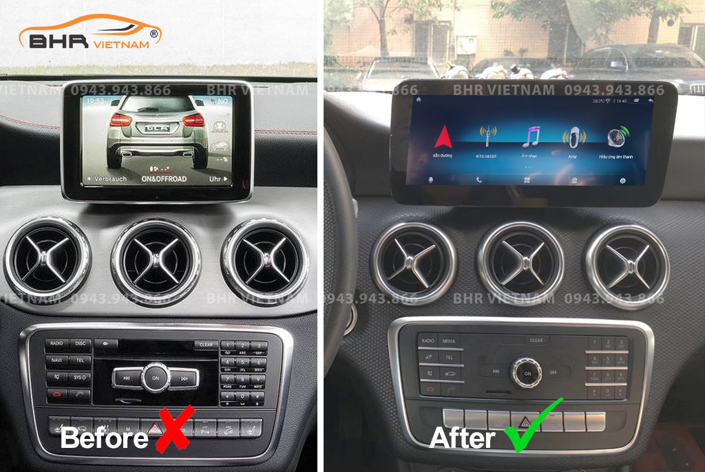 Hình ảnh trước và sau khi lắp màn hình DVD Oled Pro G68s Mercedes GLA Class X156 2013 - nay
