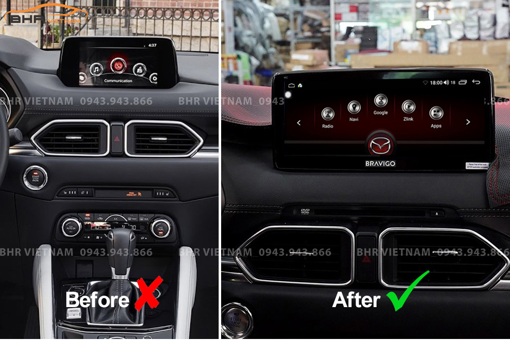 Hình ảnh trước và sau khi lắp màn hình DVD Oled Pro S90s Mazda CX5 2017 - nay