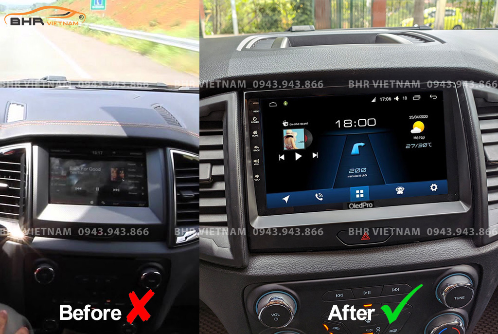 Hình ảnh trước và sau khi lắp màn hình DVD Oled Pro X5S Ford Ranger 2013 - nay