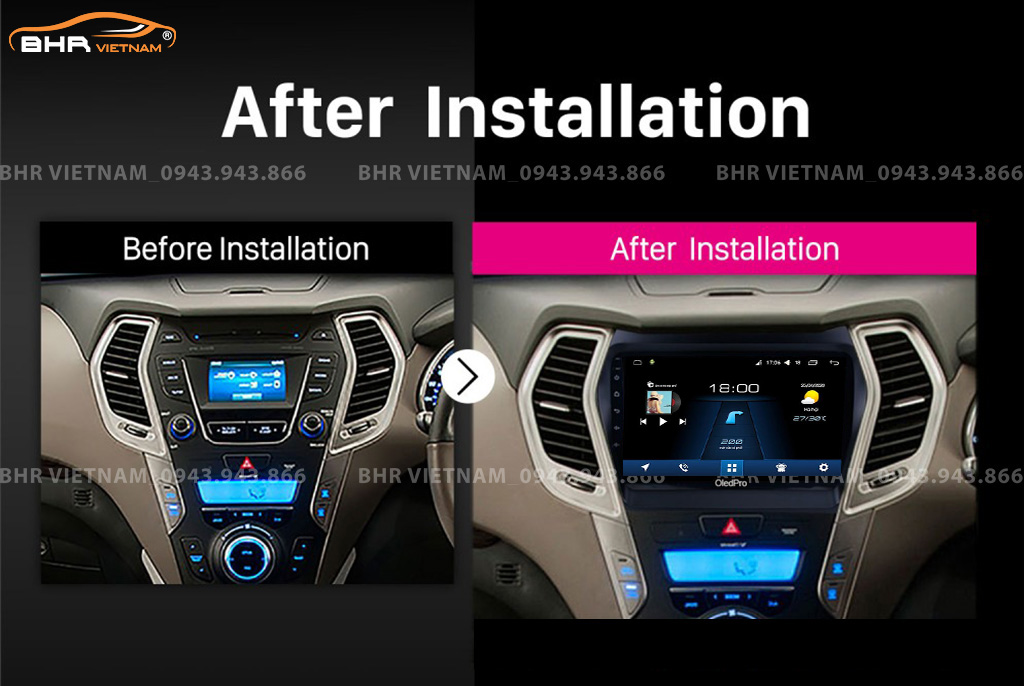 Hình ảnh trước và sau khi lắp màn hình DVD Oled Pro X5S Hyundai Santafe 2012 - 2018