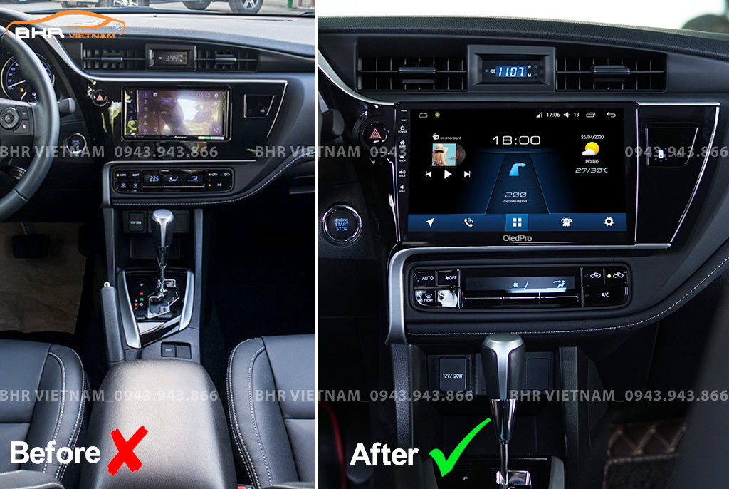 Hình ảnh trước và sau khi lắp màn hình DVD Oled Pro X5S Toyota Altis 2020 - nay