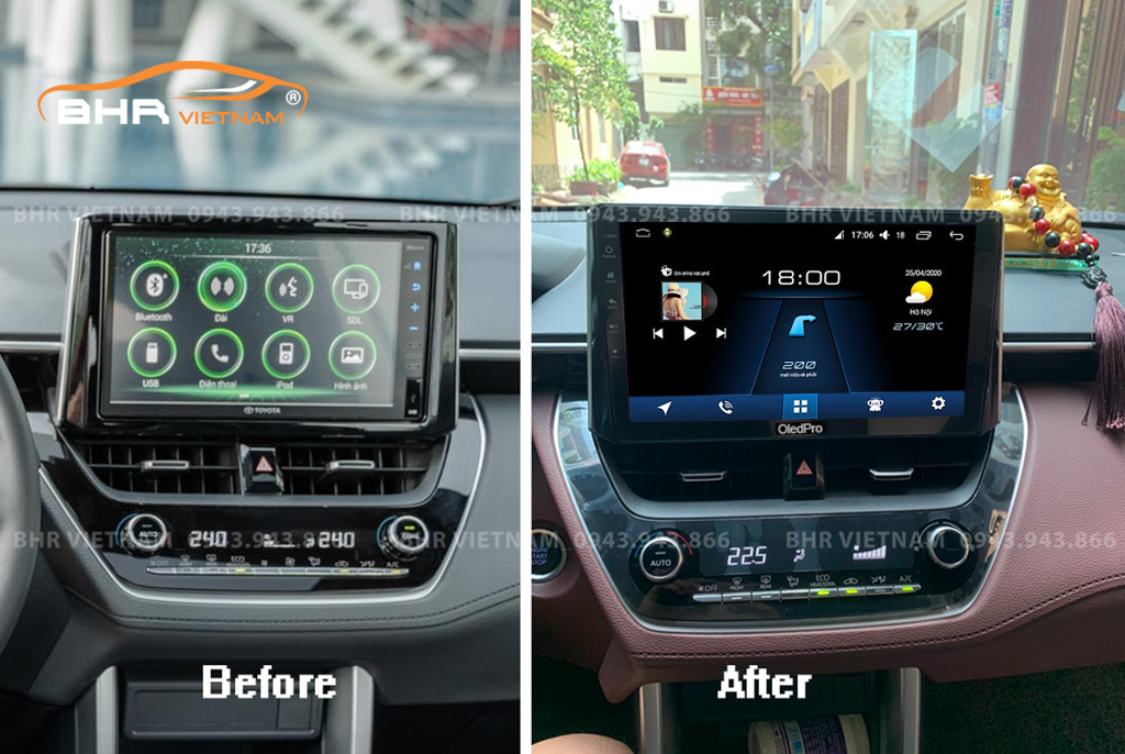 Hình ảnh trước và sau khi lắp màn hình DVD Oled Pro X5S Toyota Cross 2020 - nay