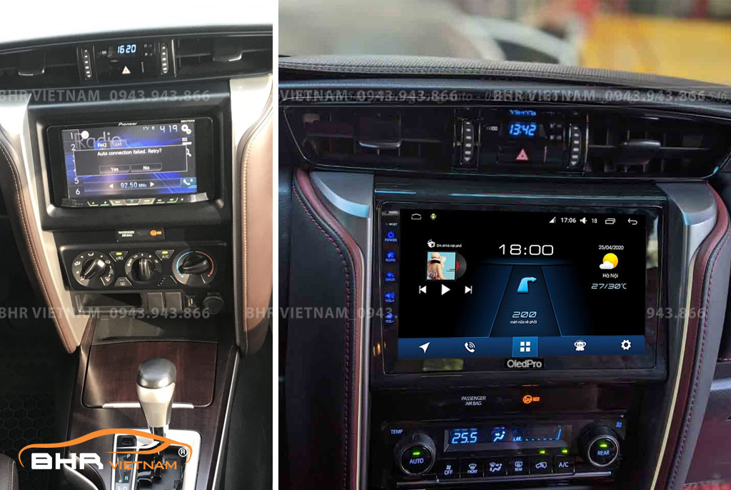 Hình ảnh trước và sau khi lắp màn hình DVD Oled Pro X5S Toyota Fortuner 2017 - nay