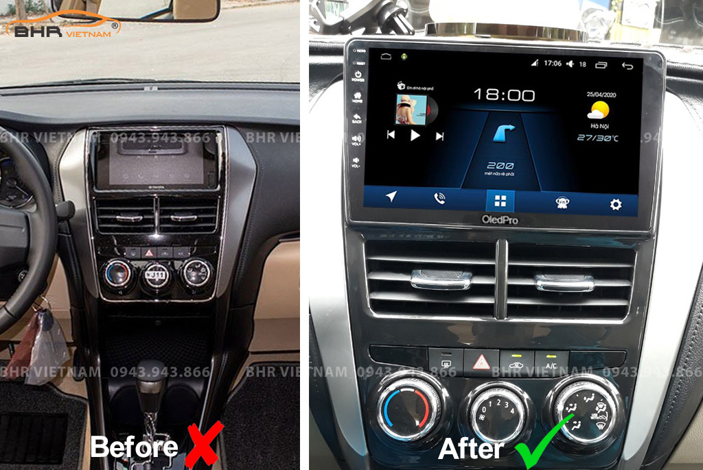Hình ảnh trước và sau khi lắp màn hình DVD Oled Pro X5S Toyota Vios 2019 - nay