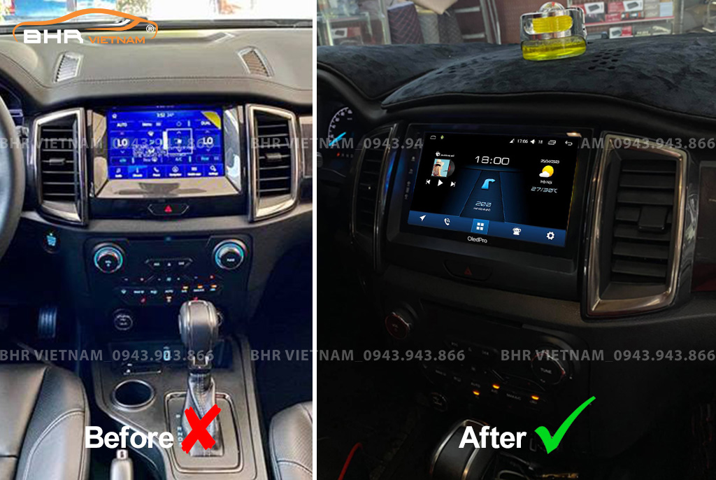 Hình ảnh trước và sau khi lắp màn hình DVD Oled Pro X8S Ford Everest 2016 - nay