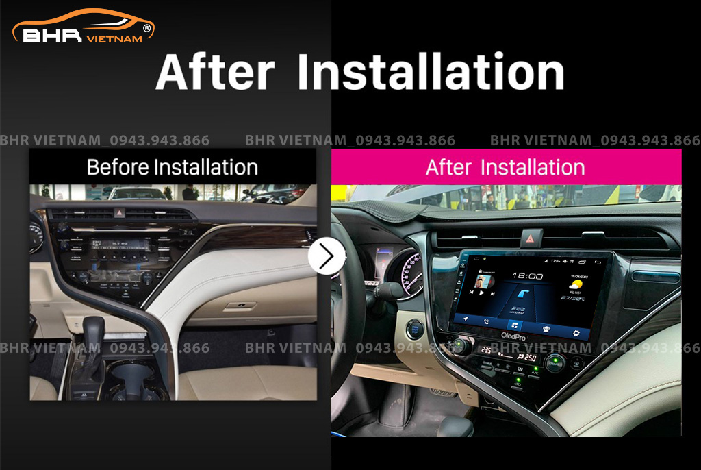 Hình ảnh trước và sau khi lắp màn hình DVD Oled Pro X8S Toyota Camry 2019 - nay
