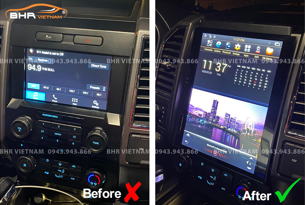 Hình ảnh trước và sau khi lắp màn hình DVD Tesla Ford F150 2015 - nay