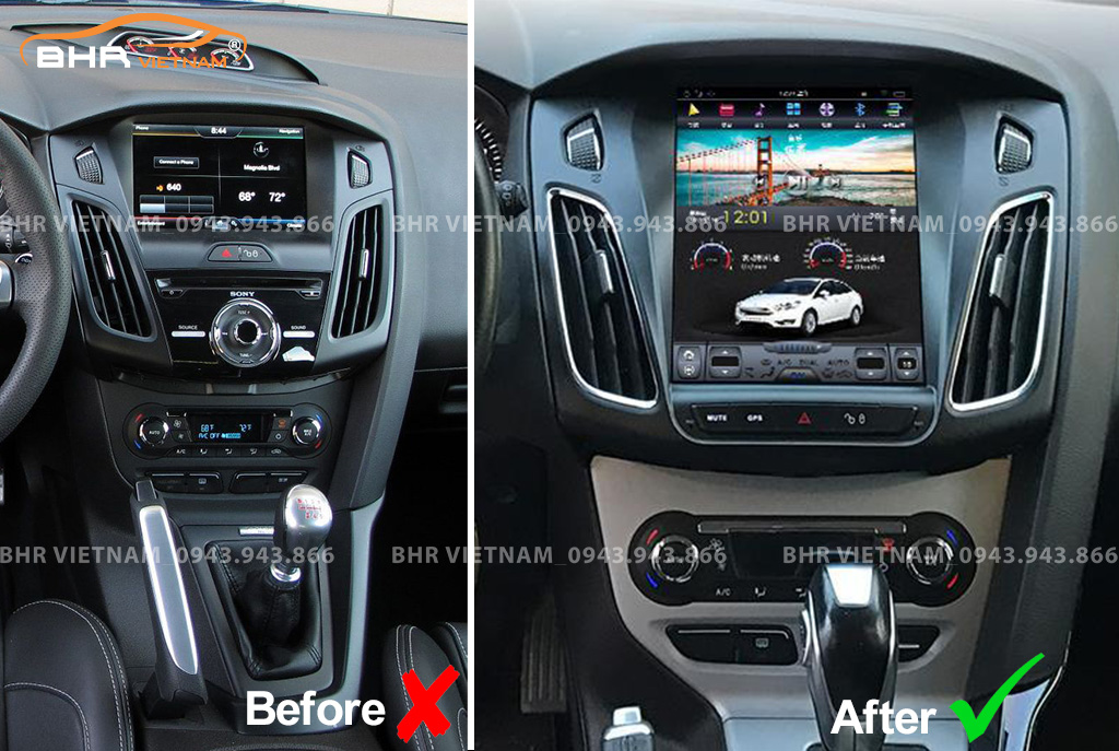 Hình ảnh trước và sau khi lắp màn hình DVD Tesla Ford Focus 2013 - nay