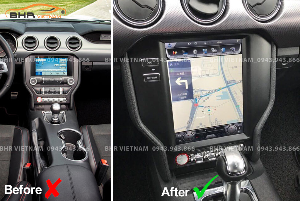 Hình ảnh trước và sau khi lắp màn hình DVD Tesla Ford Mustang 2015 - nay