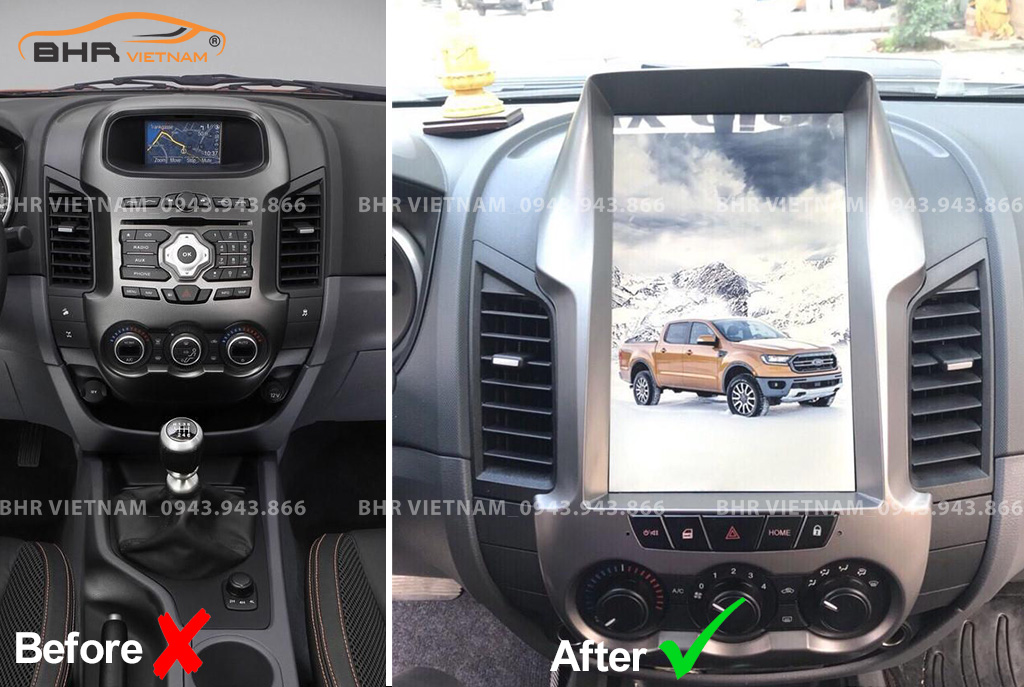 Hình ảnh trước và sau khi lắp màn hình DVD Tesla Ford Ranger 2013 - nay