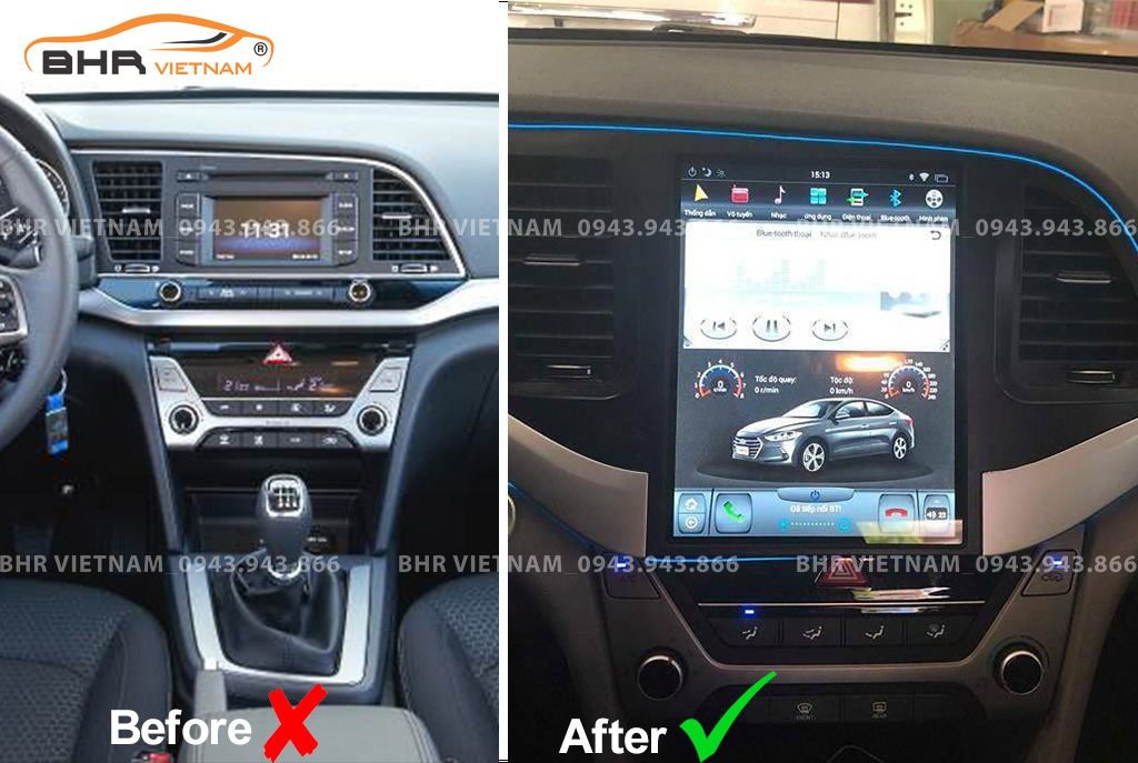 Hình ảnh trước và sau khi lắp màn hình Android Tesla Hyundai Elantra 2015 - 2017