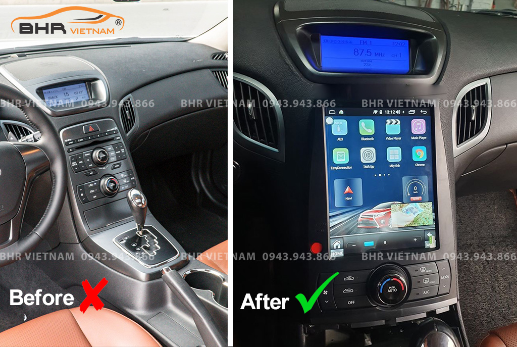 Hình ảnh trước và sau khi lắp màn hình Android Tesla Hyundai Genesis 2008 - 2012