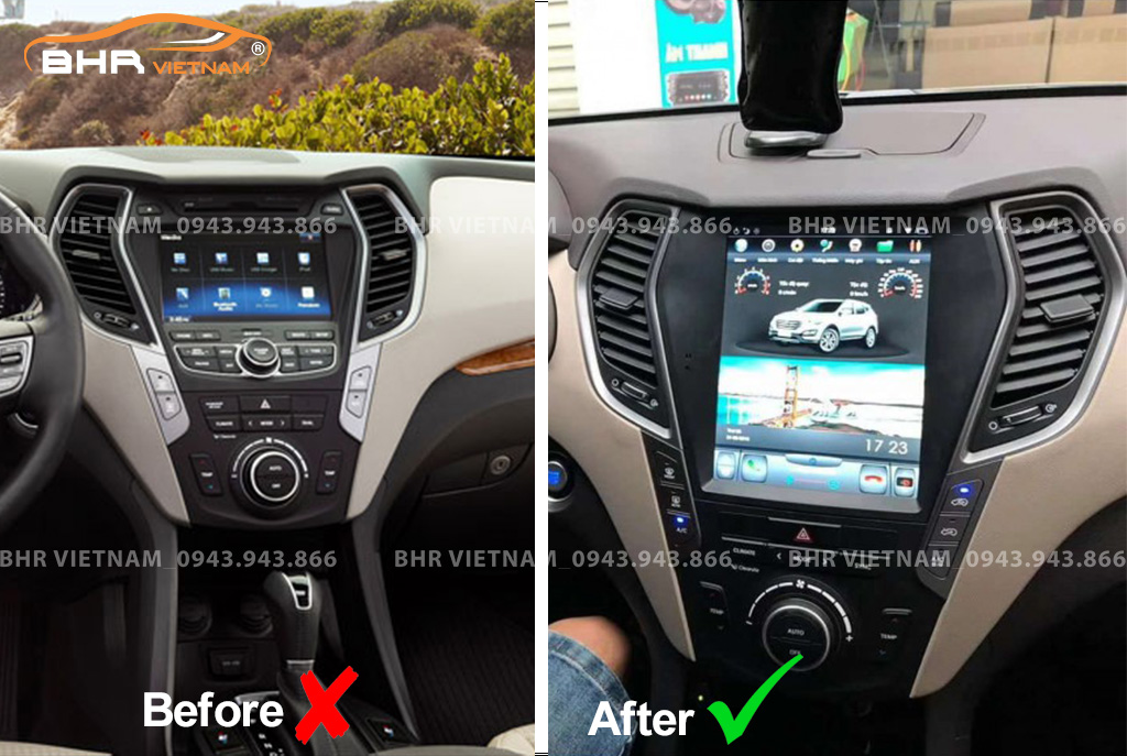 Hình ảnh trước và sau khi lắp màn hình Android Tesla Hyundai Santafe 2012 - 2018