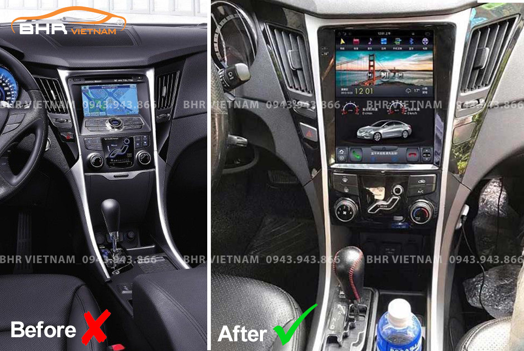 Hình ảnh trước và sau khi lắp màn hình Android Tesla Hyundai Sonata 2009 - 2016