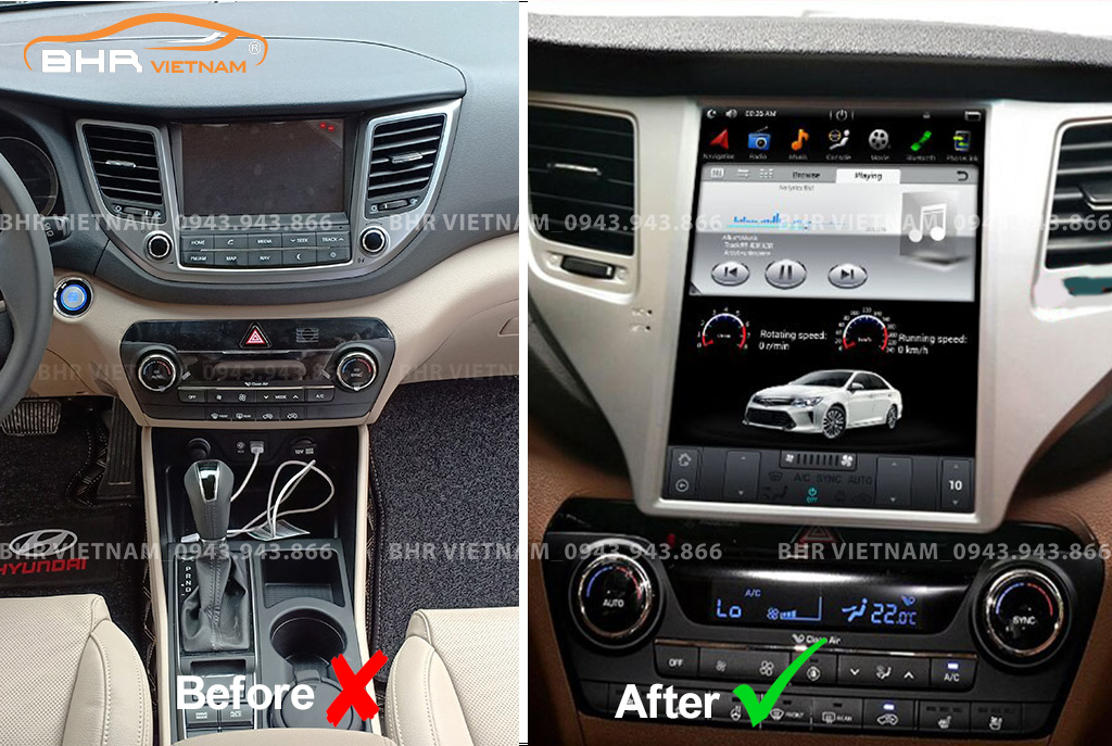 Hình ảnh trước và sau khi lắp màn hình Android Tesla Hyundai Tucson 2015 - 2018