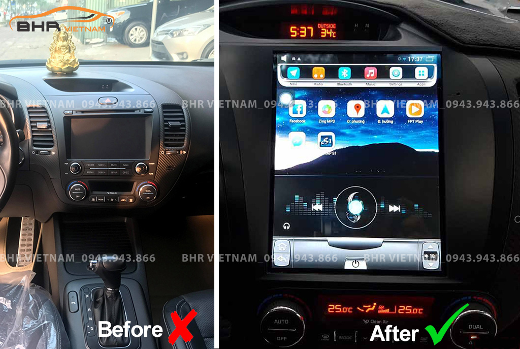 Hình ảnh trước và sau khi lắp màn hình DVD Tesla Kia K3 2013 - 2016