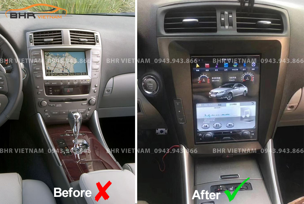 Hình ảnh trước và sau khi lắp màn hình Android Tesla Lexus IS250 2005 - 2011