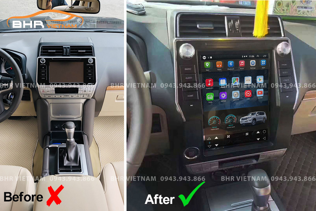 Hình ảnh trước và sau khi lắp Màn hình Android Tesla Toyota Prado 2018 - nay