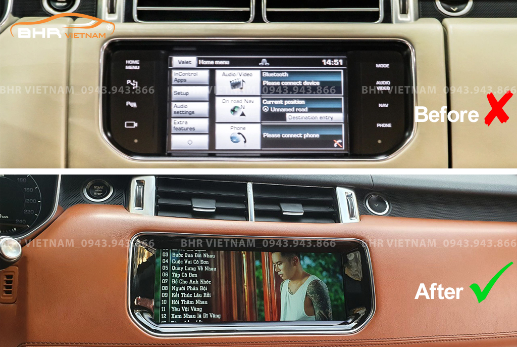 Hình ảnh trước và sau khi lắp màn hình DVD Flycar Land Rover Range Rover Autobiography/ SVautobiography 2013 - 2018
