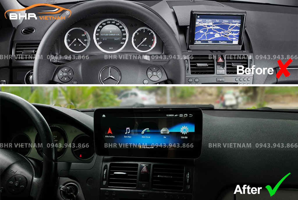 Hình ảnh trước và sau khi lắp màn hình DVD Flycar Mercedes C Class W204 (C200/ C250/ C300) 2007-2010