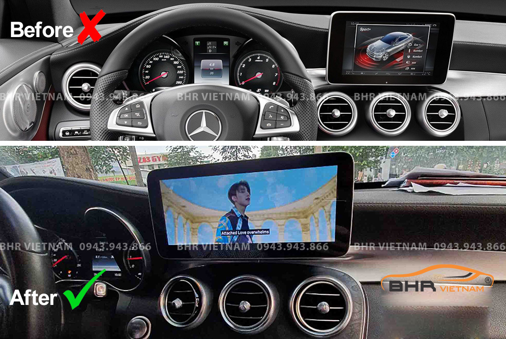 Hình ảnh trước và sau khi lắp màn hình DVD Flycar Mercedes C Class W205 (C200/ C250/ C300) 2015 - nay
