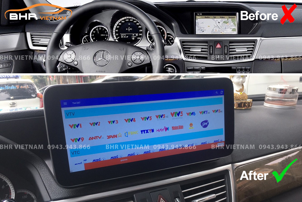 Hình ảnh trước và sau khi lắp màn hình DVD Flycar Mercedes E Class W212 (E200, E250, E300) 2009 - 2012