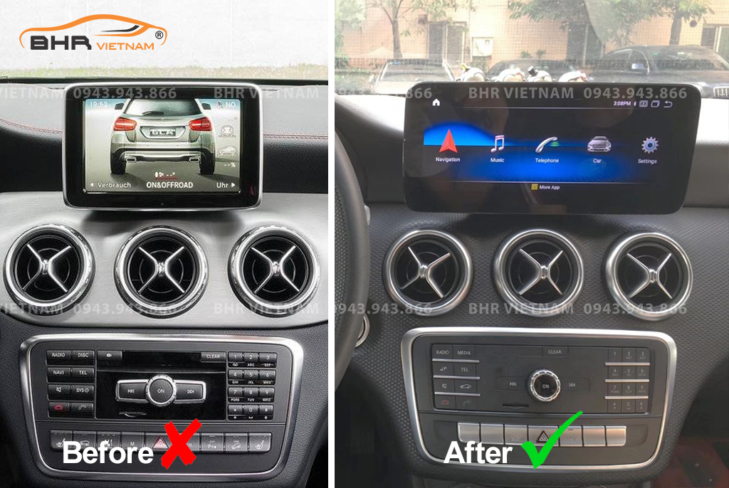 Hình ảnh trước và sau khi lắp màn hình DVD Flycar Mercedes GLA Class C117 2013 - nay