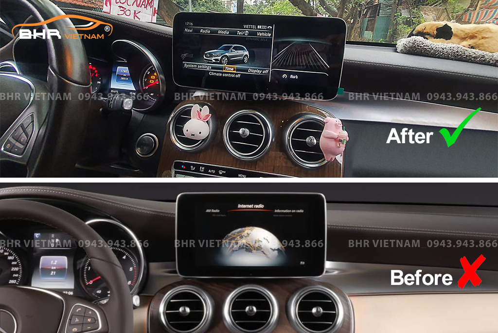 Hình ảnh trước và sau khi lắp màn hình DVD Flycar Mercedes C 2015 - 2019