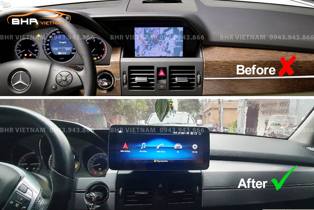 Hình ảnh trước và sau khi lắp màn hình DVD Flycar Mercedes GLK 2008-2015