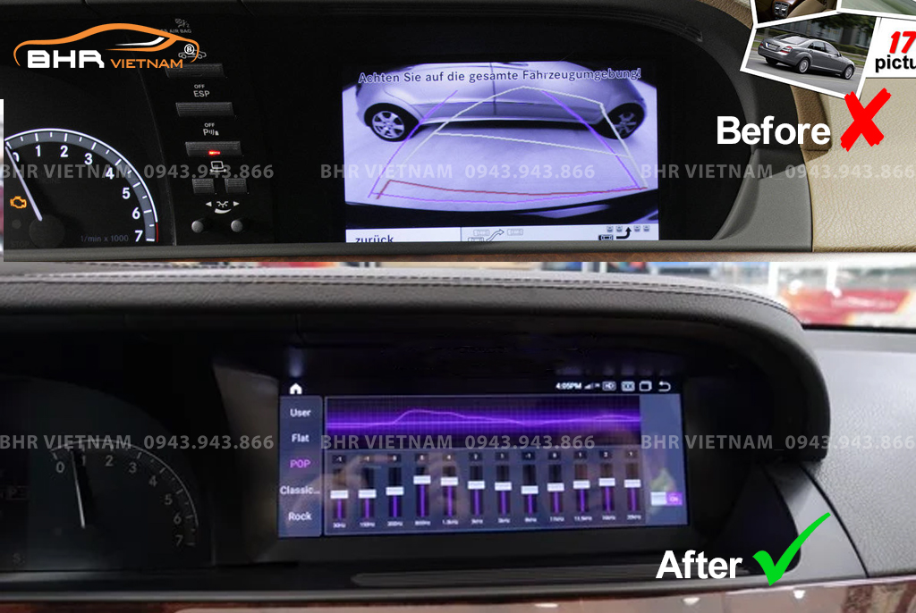 Hình ảnh trước và sau khi lắp màn hình DVD Flycar Mercedes S Class W221 (S350, S500, S550) 2005 - 2013