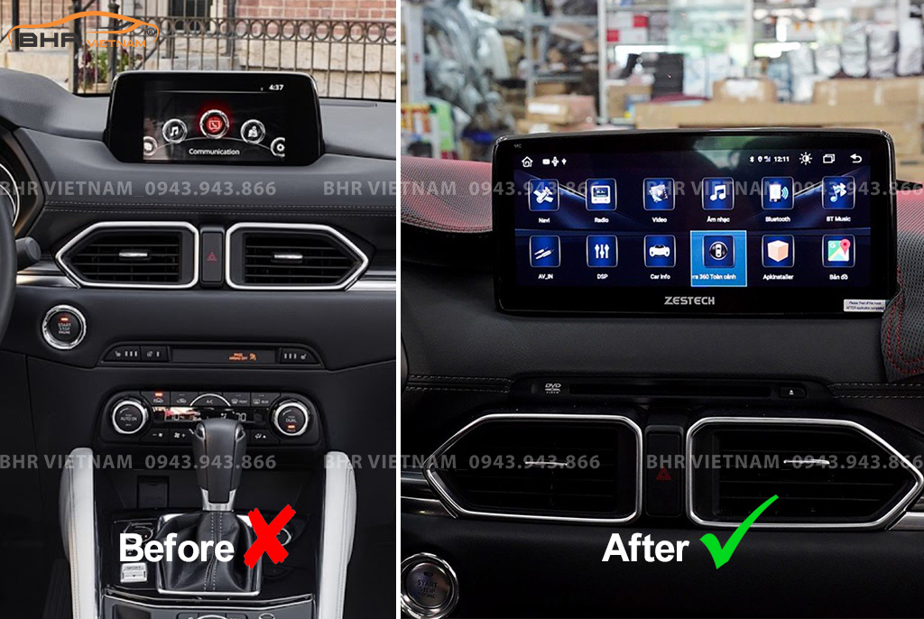 Hình ảnh trước và sau khi lắp màn hình DVD Zestech liền camera 360 Mazda CX5 2017 - nay