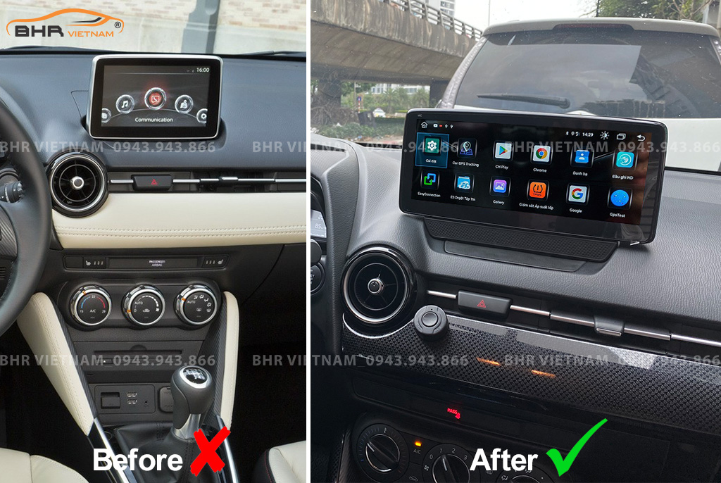 Hình ảnh trước và sau khi lắp màn hình DVD Zestech nguyên khối Mazda 2 2015 - nay