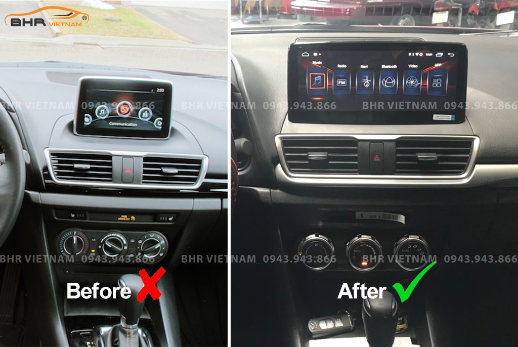 Hình ảnh trước và sau khi lắp màn hình DVD Zestech nguyên khối Mazda 3 2014 - 2019