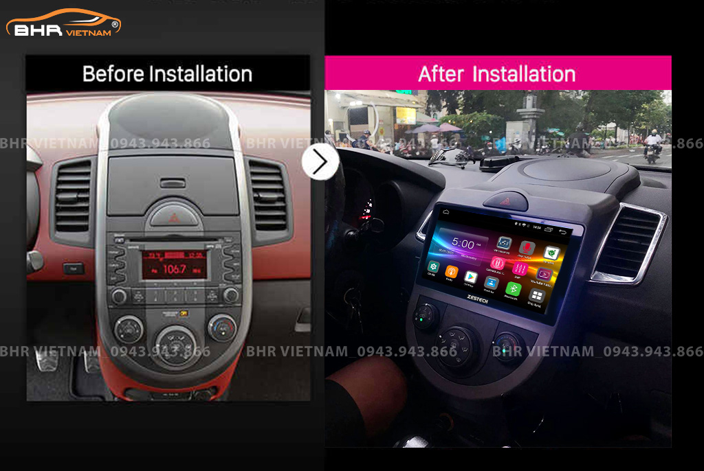 Hình ảnh trước và sau khi lắp màn hình DVD Zestech Z500 Kia Soul 2009 - 2012
